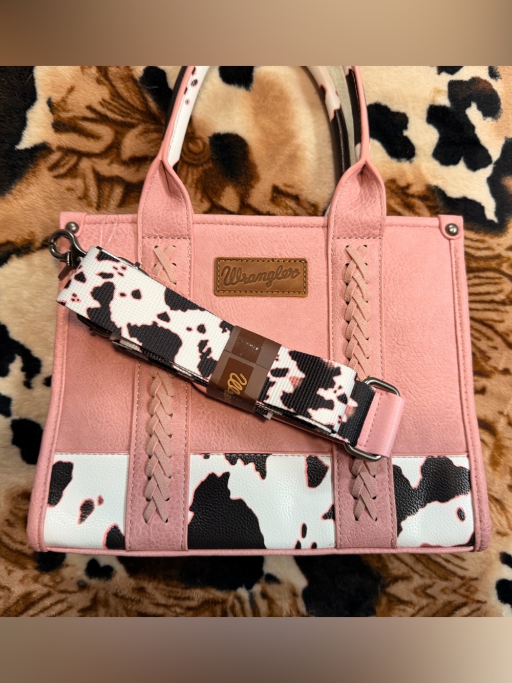 Wrangler Pink and Black-White Cow Print Tote with Detachable Strap